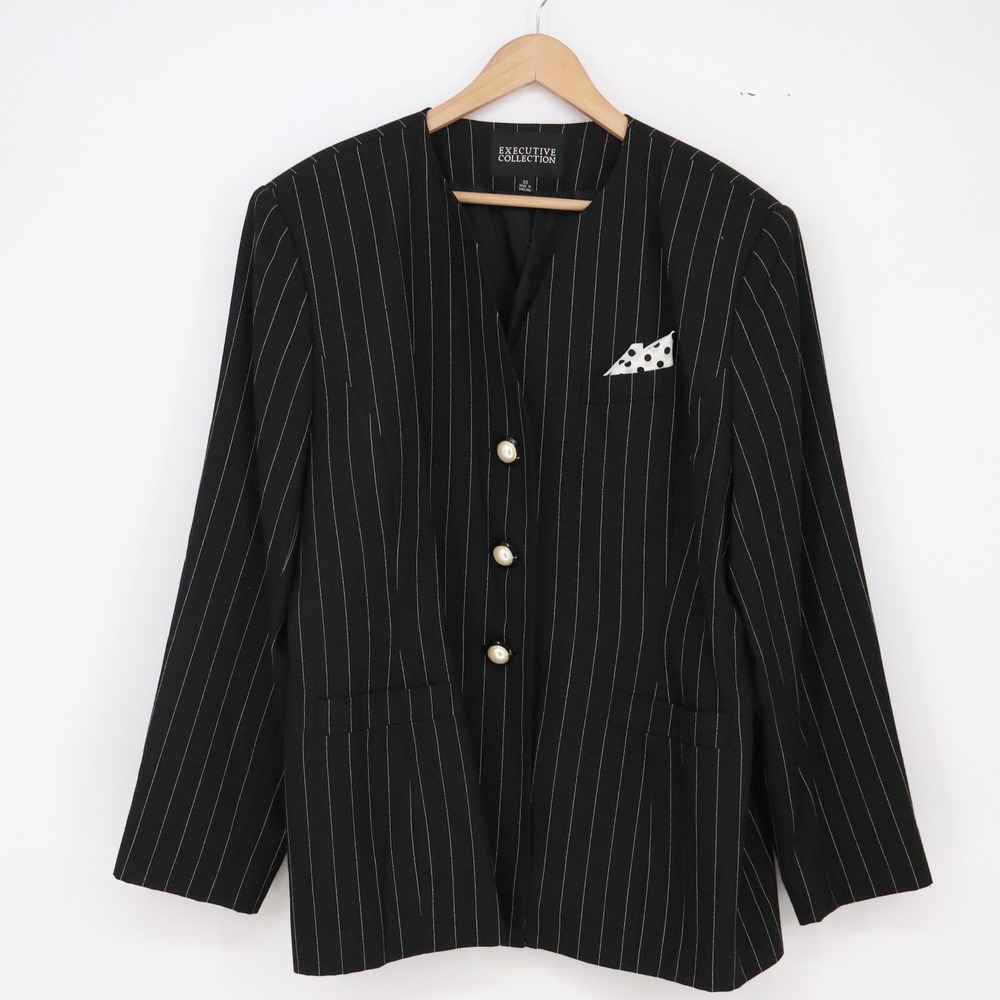 Executive Collection Blazer Womens 20 Pinstripe Black Button-down Excellent